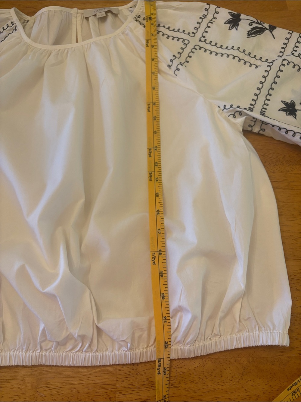 LOFT Cream Blouse with Navy Embroidered Sleeves - Picture 13 of 14